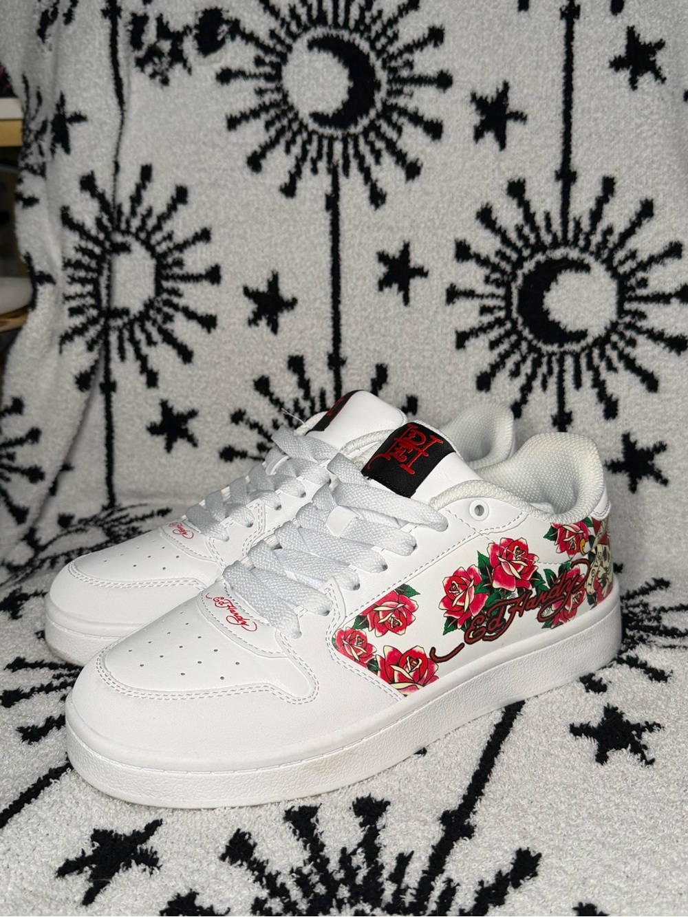 Ed Hardy All White Sneakers with Red Rose & Love Kills Slowly Skull Print size 8